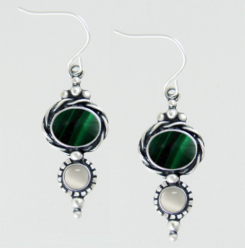 Sterling Silver Drop Dangle Earrings With Malachite And White Moonstone